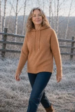 Graziella Brushed Lining Hoodie in camel, outdoor editorial view