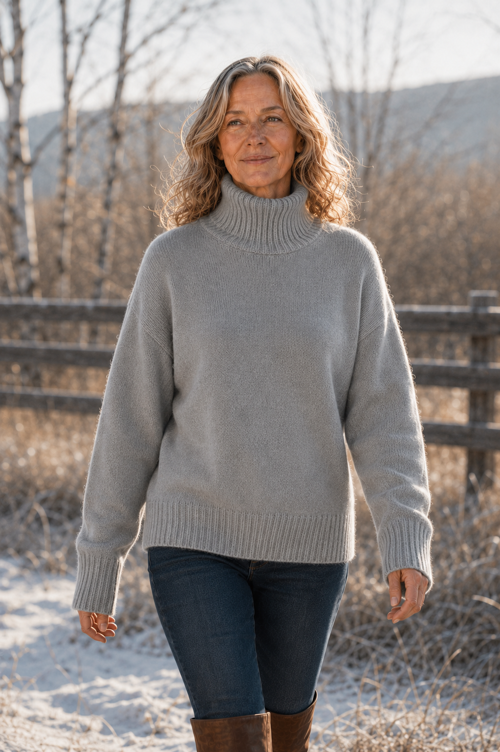 Helen 100% Cashmere High Neck Sweater in grey, natural walking editorial view