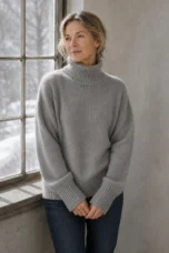 Helen grey cashmere turtleneck worn by a woman with loosely tied-back hair and hands clasped beside a window.