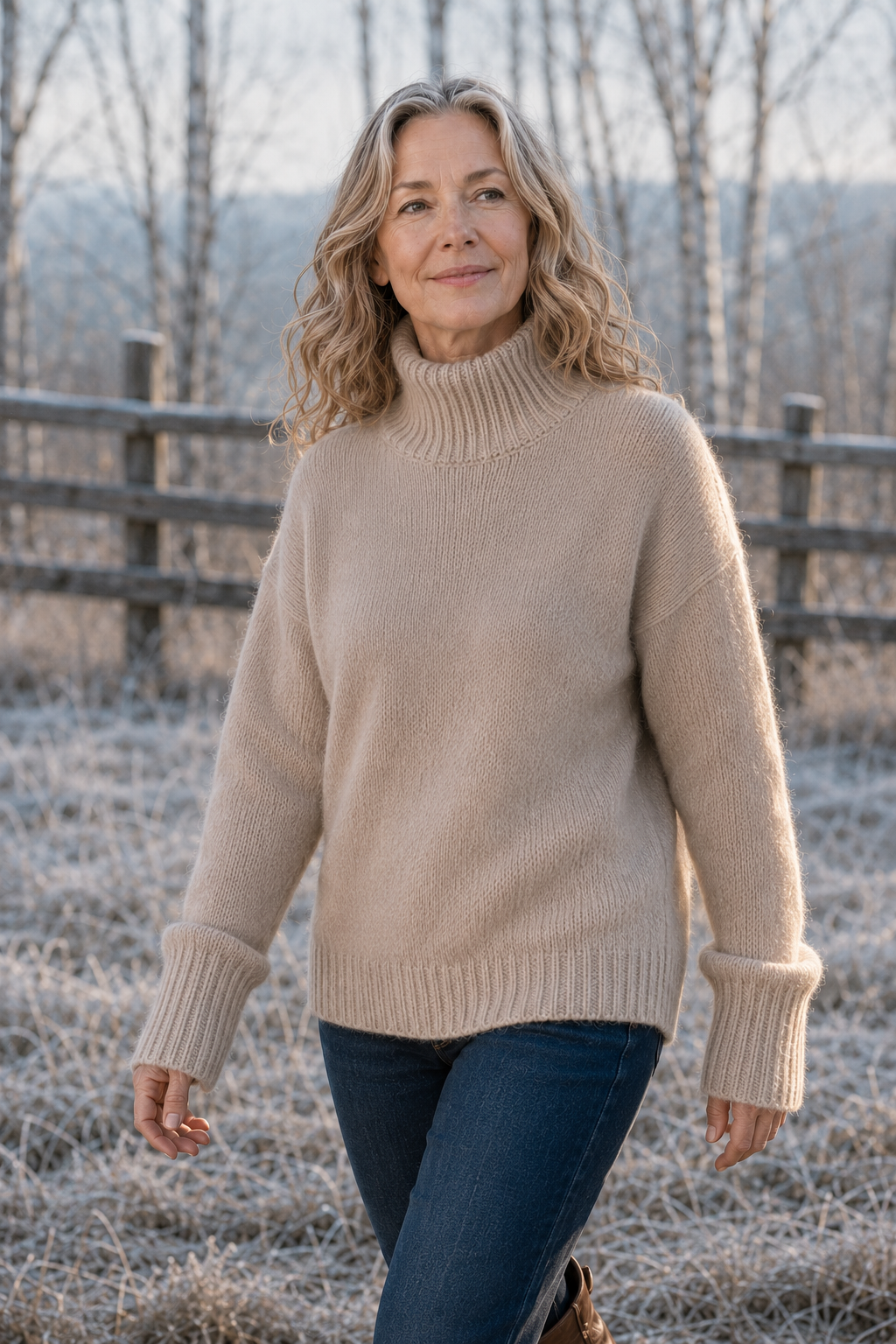 Helen 100% Cashmere High Neck Sweater in khaki, outdoor editorial view