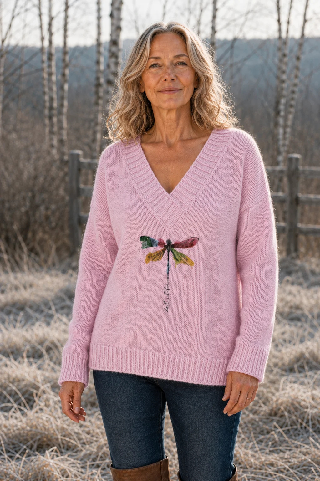 Hermeline dragonfly print V-neck knit in pink, outdoor editorial photograph