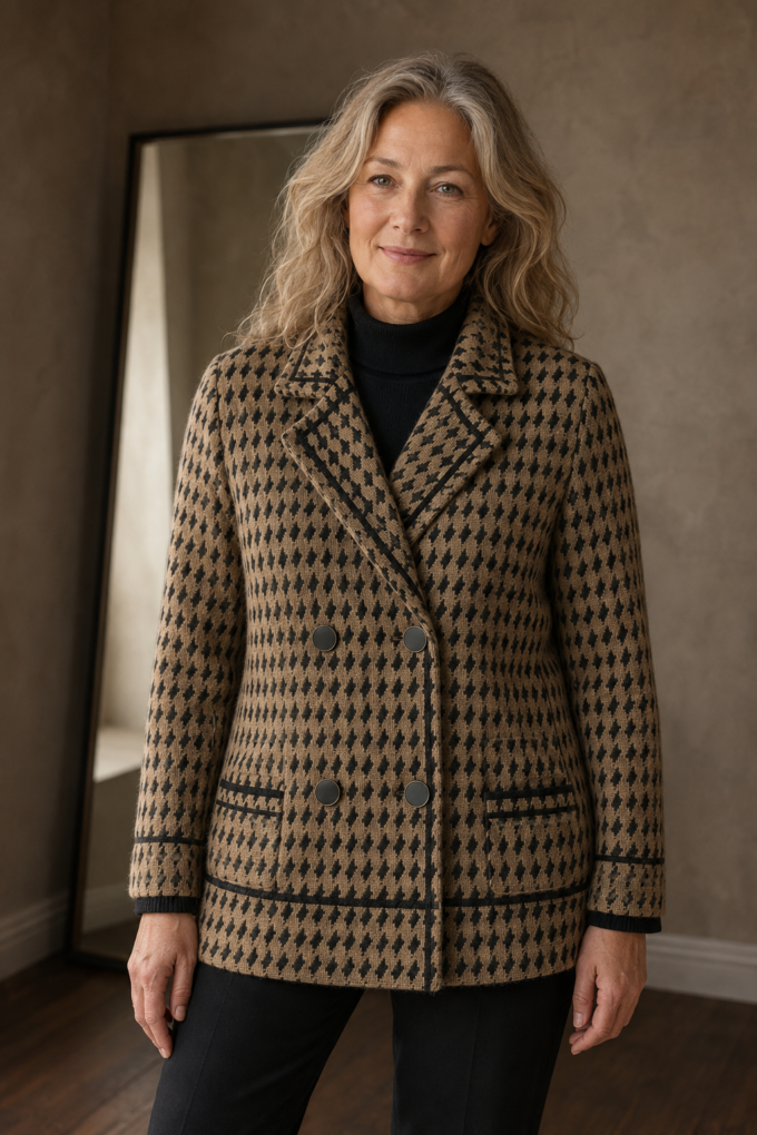 Houndstooth knit cropped jacket closed