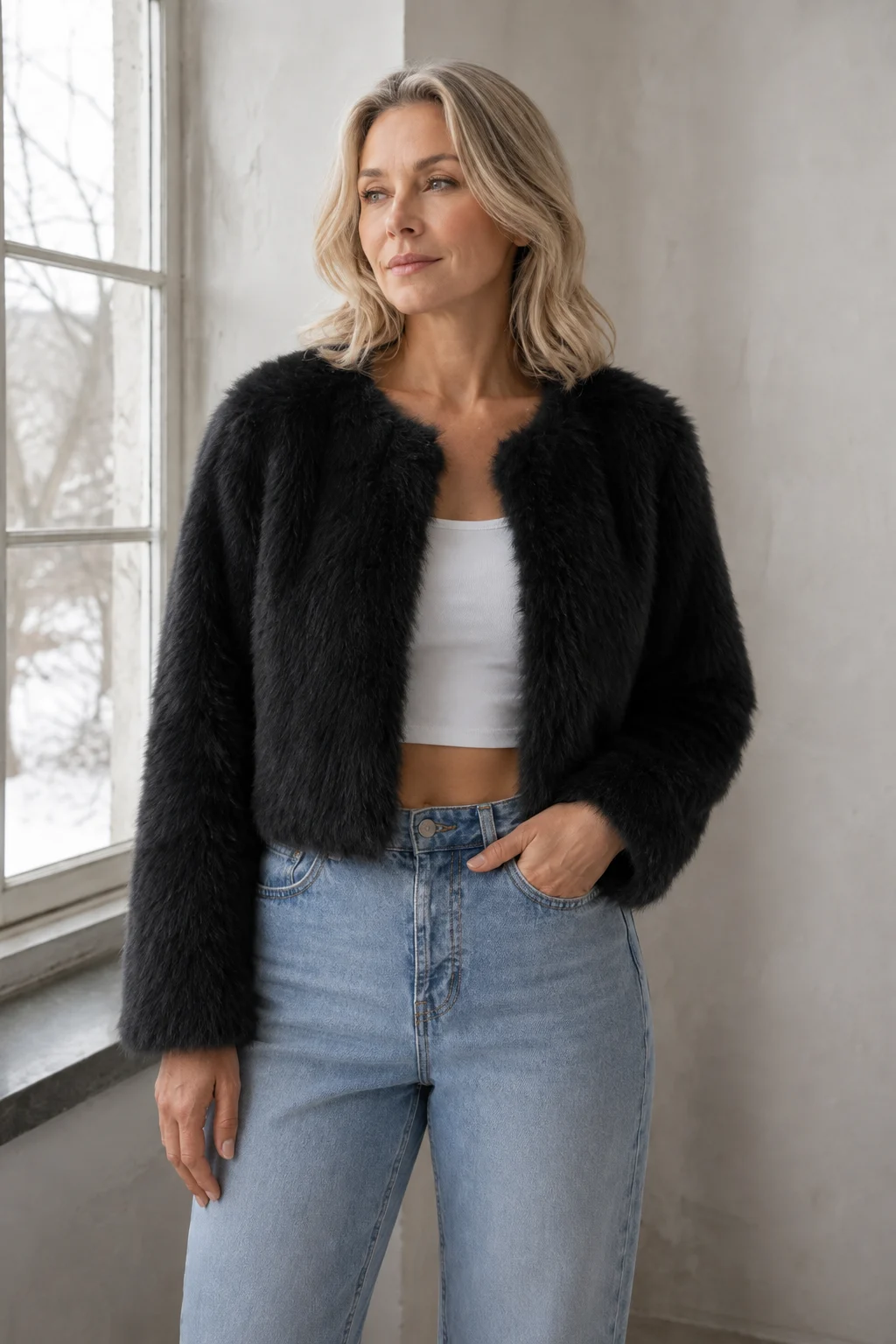 Idola black cropped faux-fur jacket on the main product model, with one hand in her jeans pocket beside a window