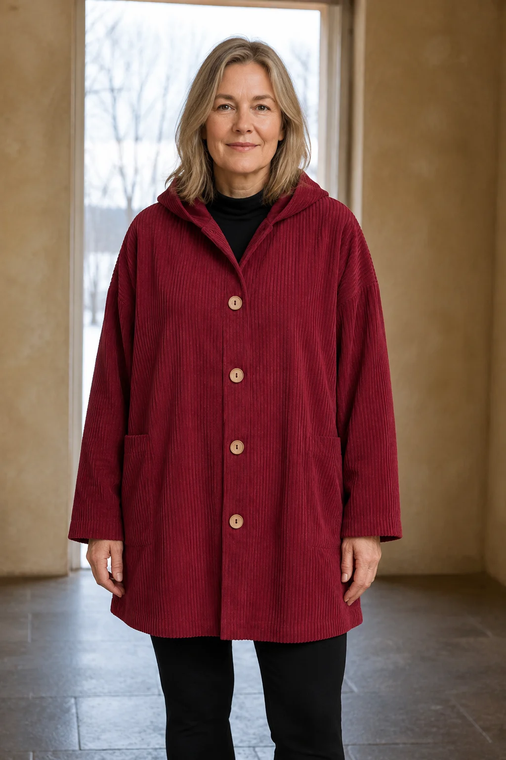 Indie burgundy corduroy hooded jacket closed