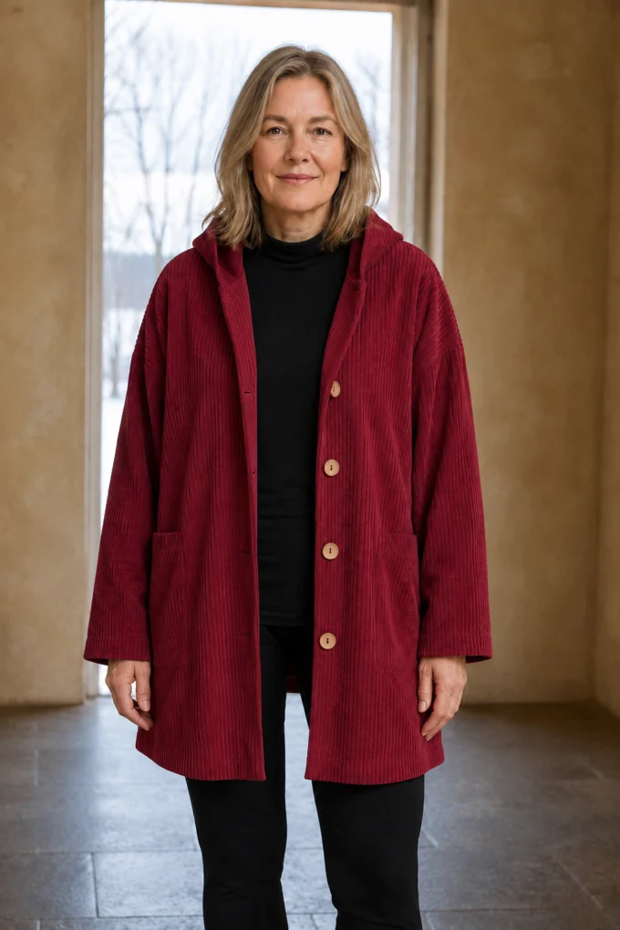 Indie burgundy corduroy hooded jacket open matched background