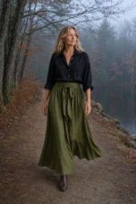Isabeau black blouse and olive satin skirt on a misty autumn lakeside path