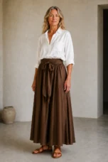 Isabeau | Satin Blouse and Skirt Set - White Brown