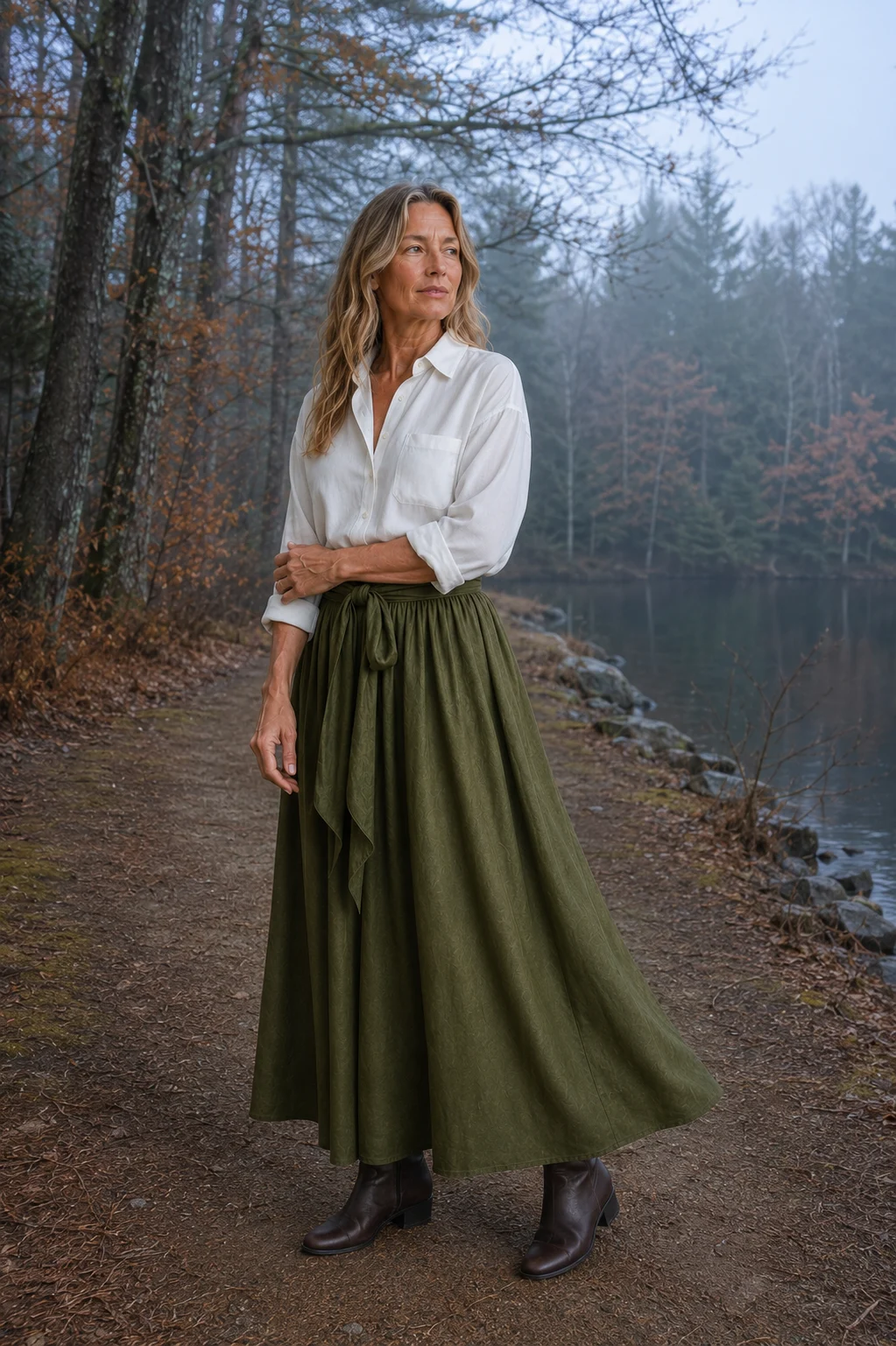 Isabeau white blouse and olive satin skirt on a misty autumn lakeside path