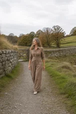 Jacquette camel cropped wrap top and wide trousers on an autumn country path