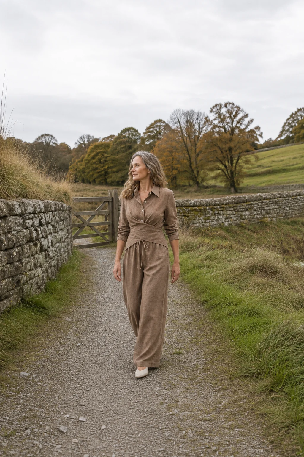 Jacquette camel cropped wrap top and wide trousers on an autumn country path