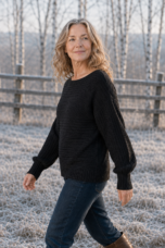 Jane Fine Knit Crew Neck Tee in Black, outdoor editorial view