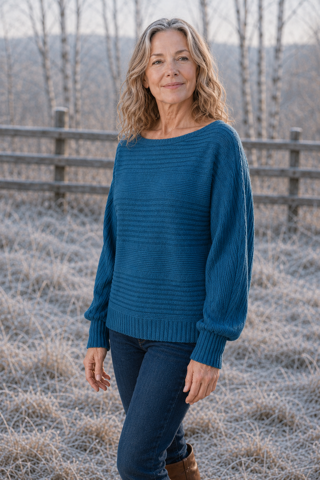 Jane Fine Knit Crew Neck Tee in Blue, outdoor editorial view