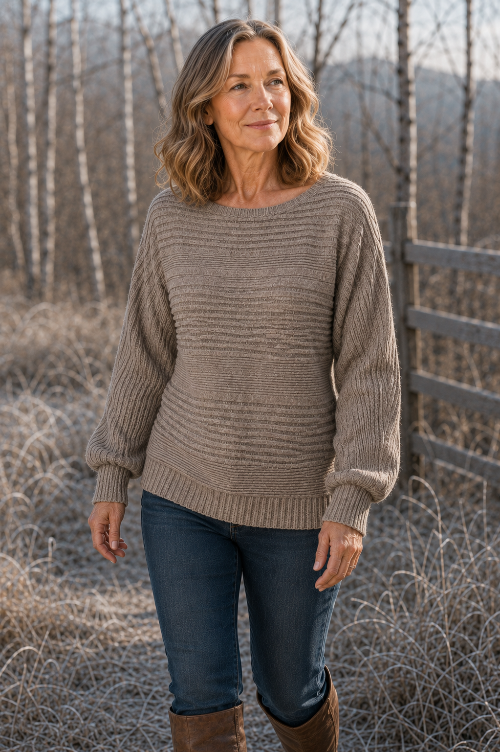Jane Fine Knit Crew Neck Tee in khaki, natural walking editorial view