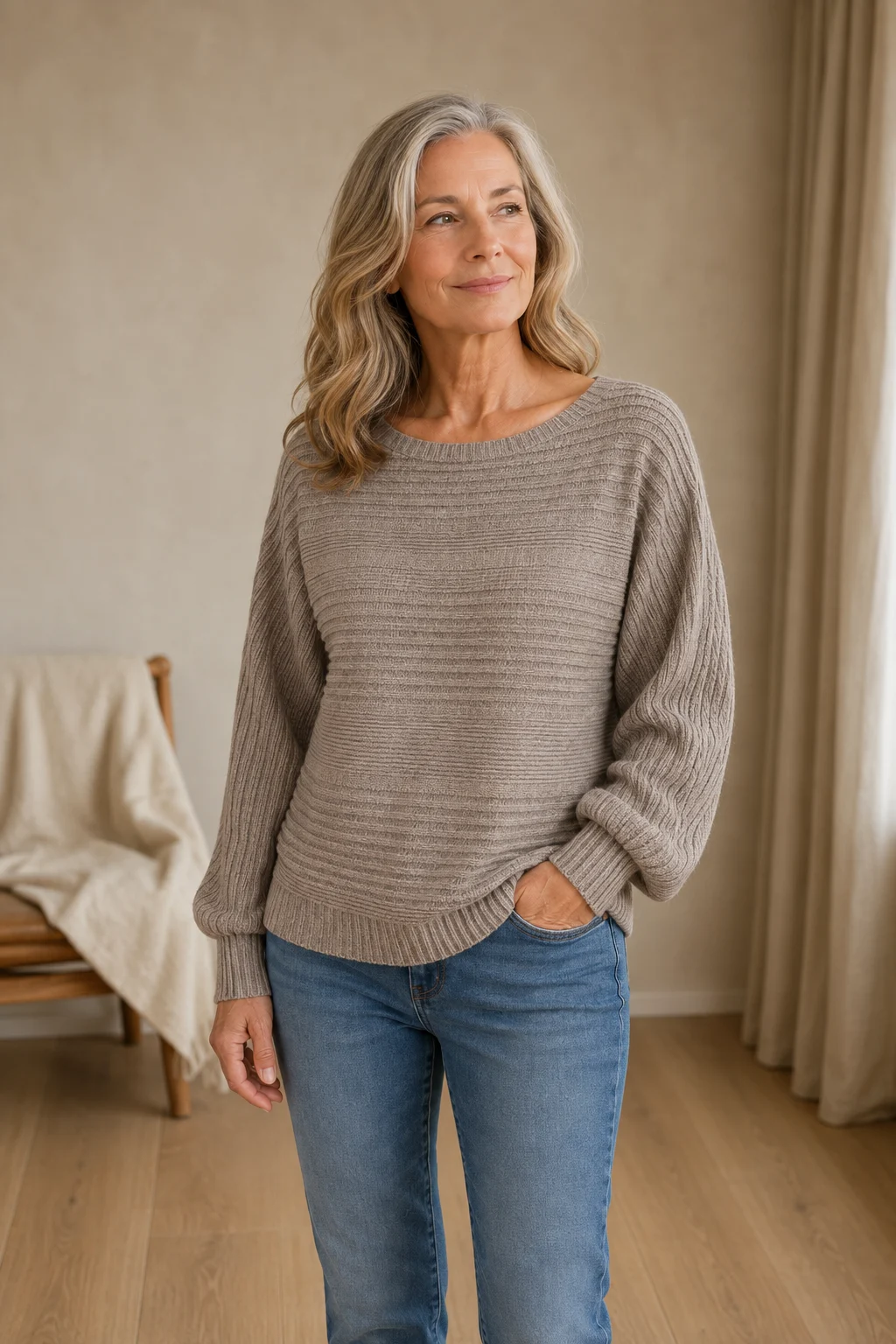 Jane khaki rib-knit sweater on the main product model, with one hand in her jeans pocket