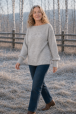 Jane Fine Knit Crew Neck Tee in Light Grey, outdoor editorial view