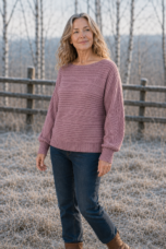 Jane Fine Knit Crew Neck Tee in Light Pink, outdoor editorial view