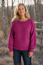 Jane Fine Knit Crew Neck Tee in pink, outdoor editorial view