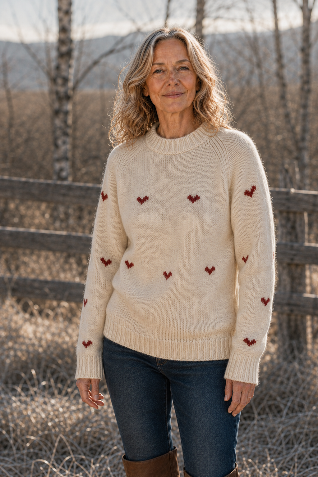 Janet Raglan Crew Neck Wool Sweater in apricot, outdoor editorial view