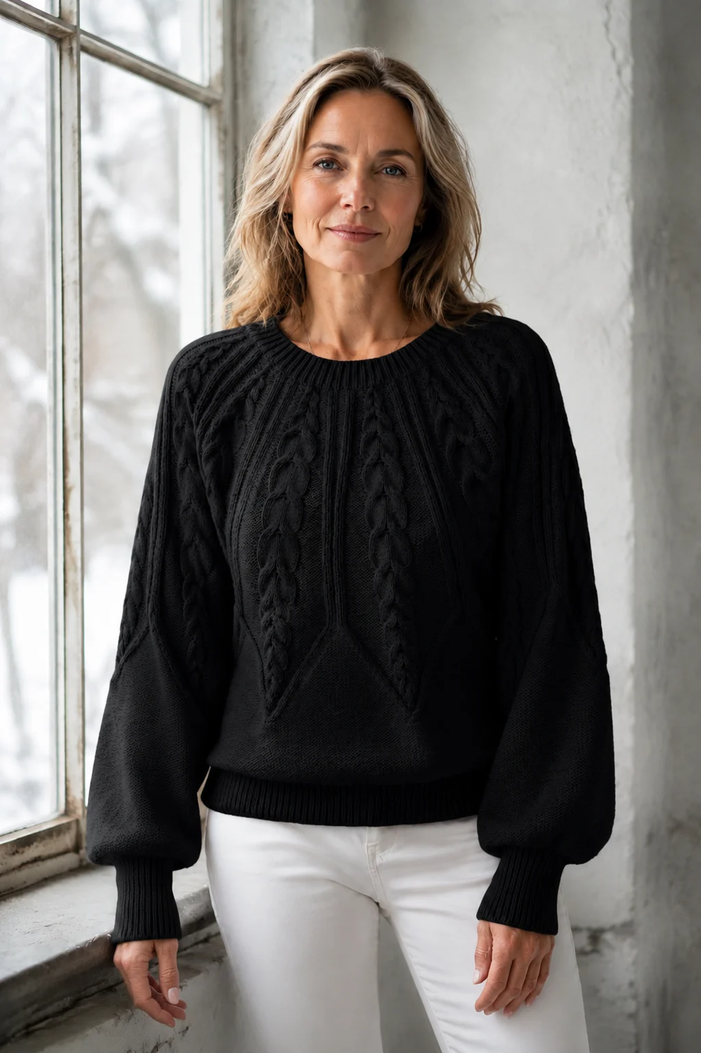 Janet | Chunky Lantern Sleeve Crewneck Sweater - Black