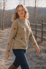 Janet Raglan Crew Neck Wool Sweater in khaki, outdoor editorial view