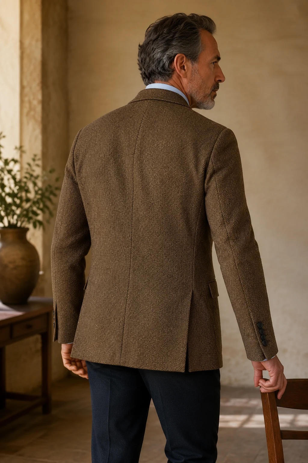 Brown herringbone tweed blazer back view