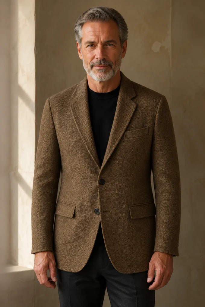 Brown herringbone tweed blazer hero, direct camera gaze