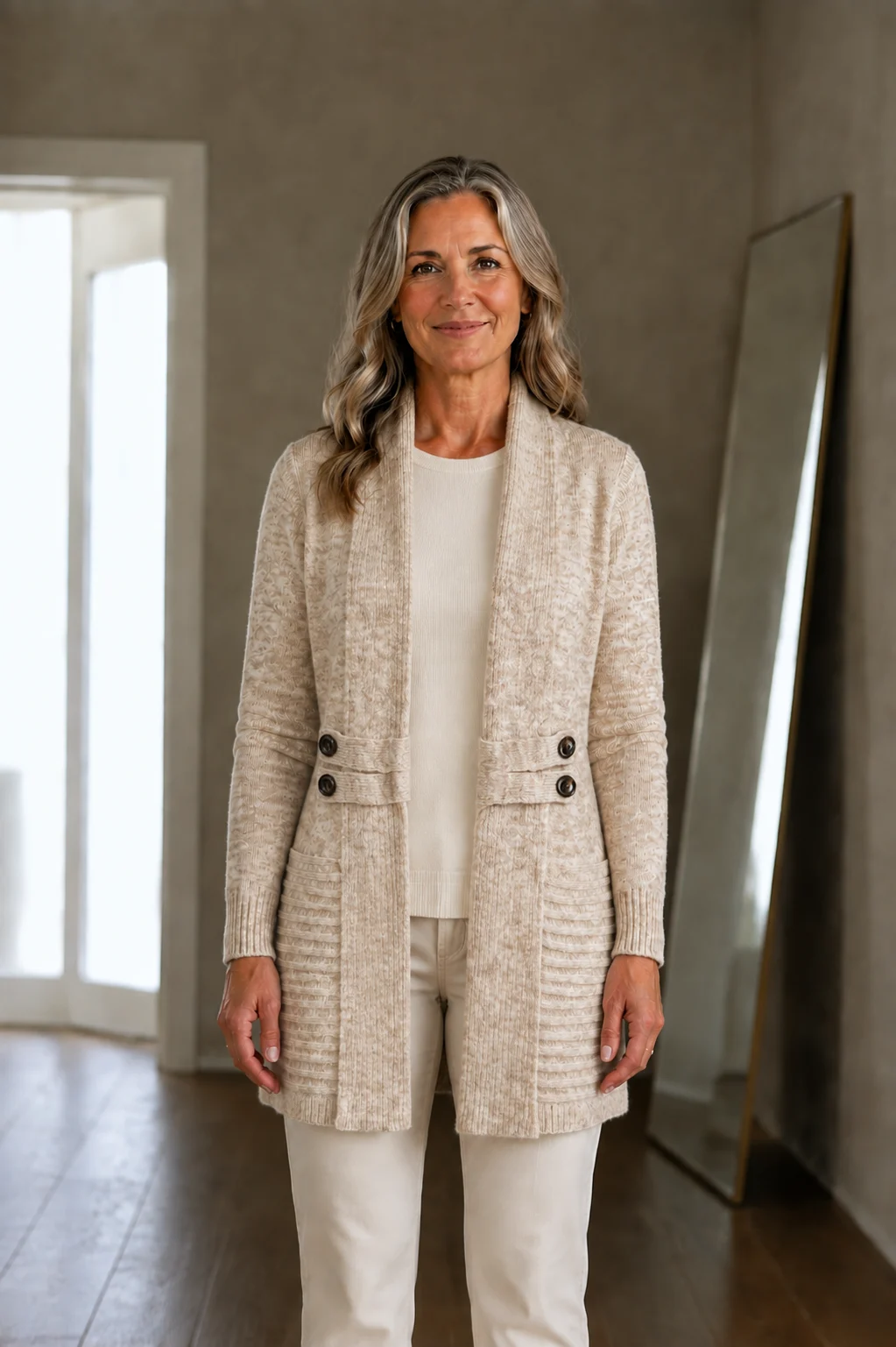 Joyce Shawl Collar Longline Cardigan open front view