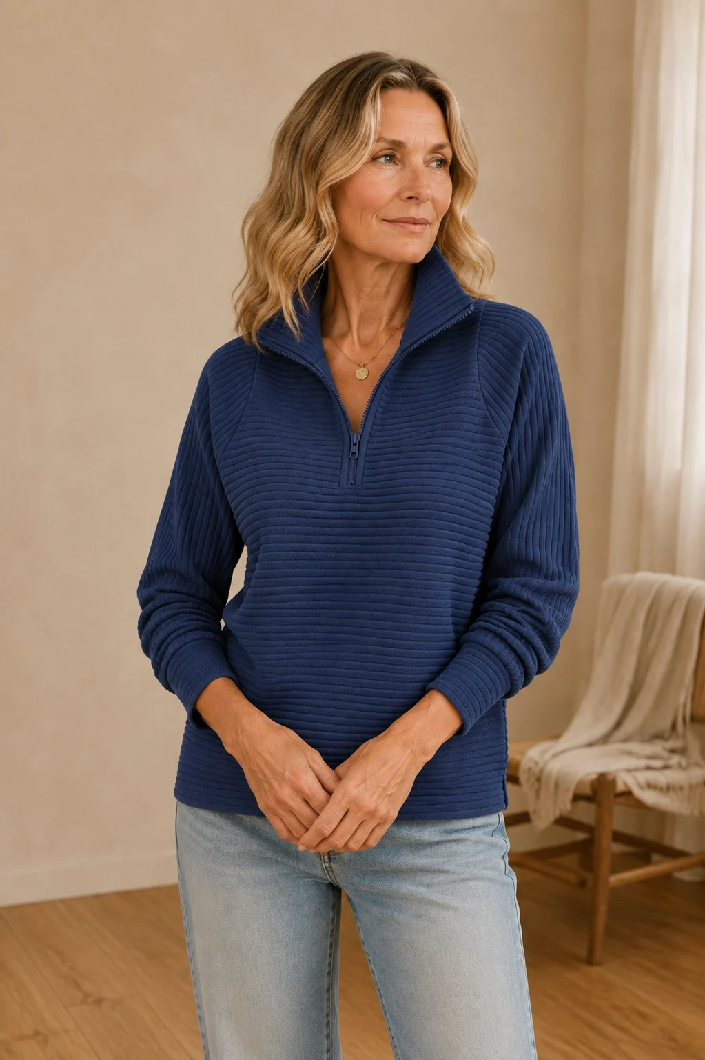 Julie blue ribbed half-zip sweatshirt on the main product model, hands loosely joined and looking to the side