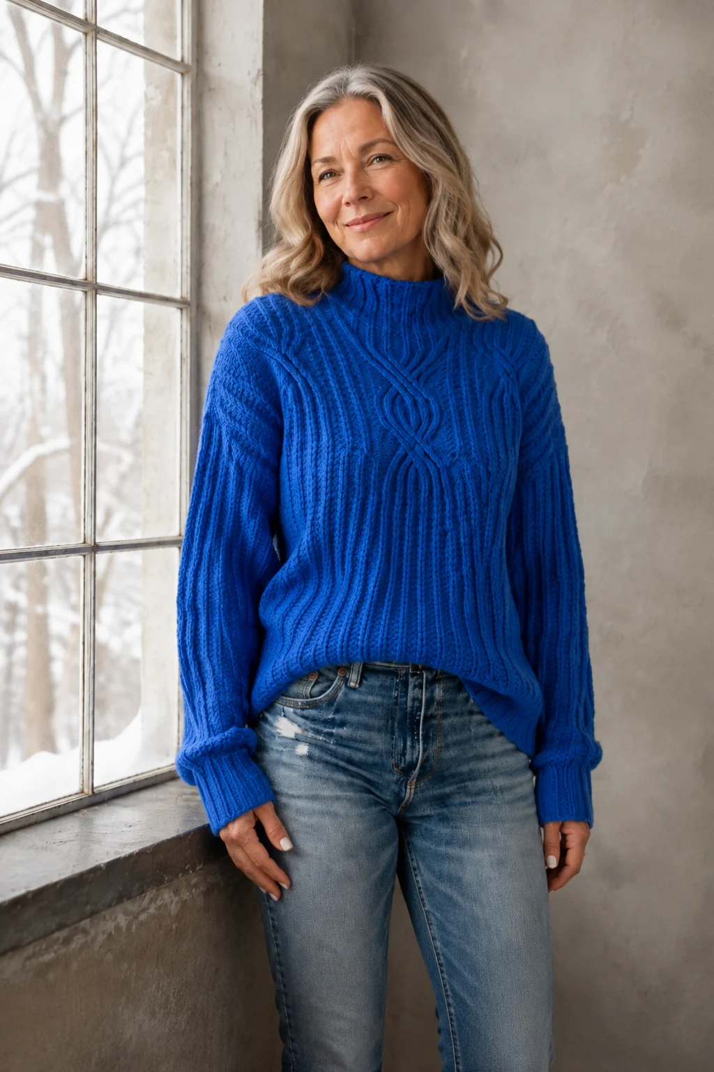 June blue cable-knit sweater on the main product model, standing with relaxed arms beside a winter window