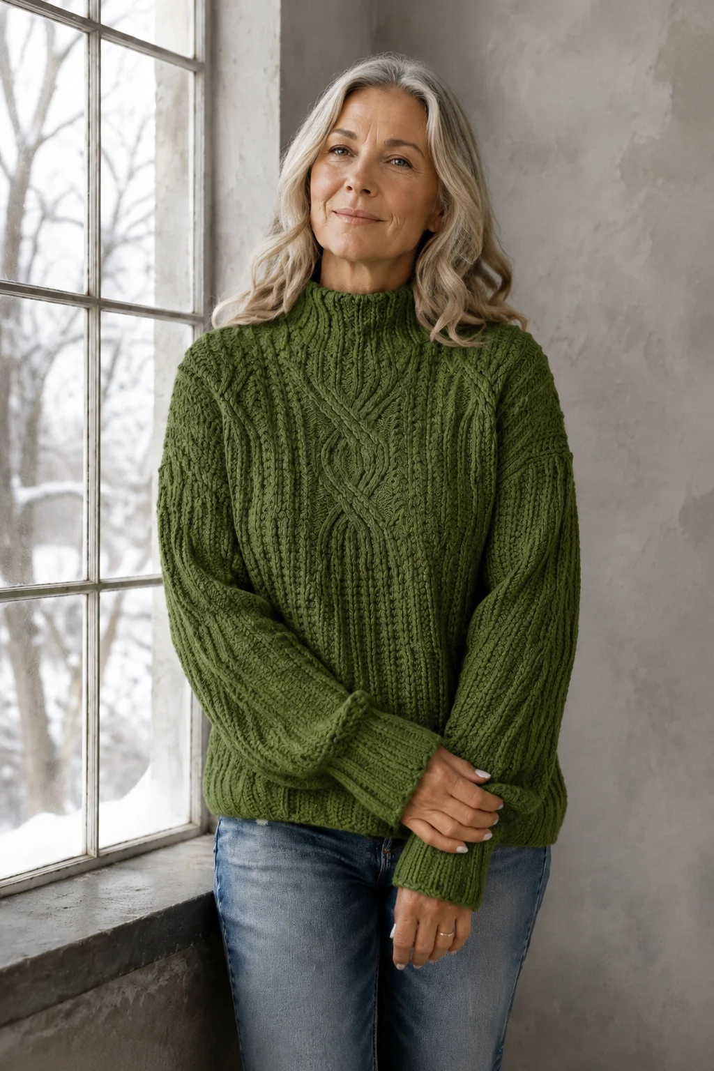 June olive-green cable-knit sweater on the main product model, gently holding her opposite wrist beside a winter window