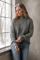 June grey cable-knit sweater on the main product model, adjusting her cuff beside a winter window