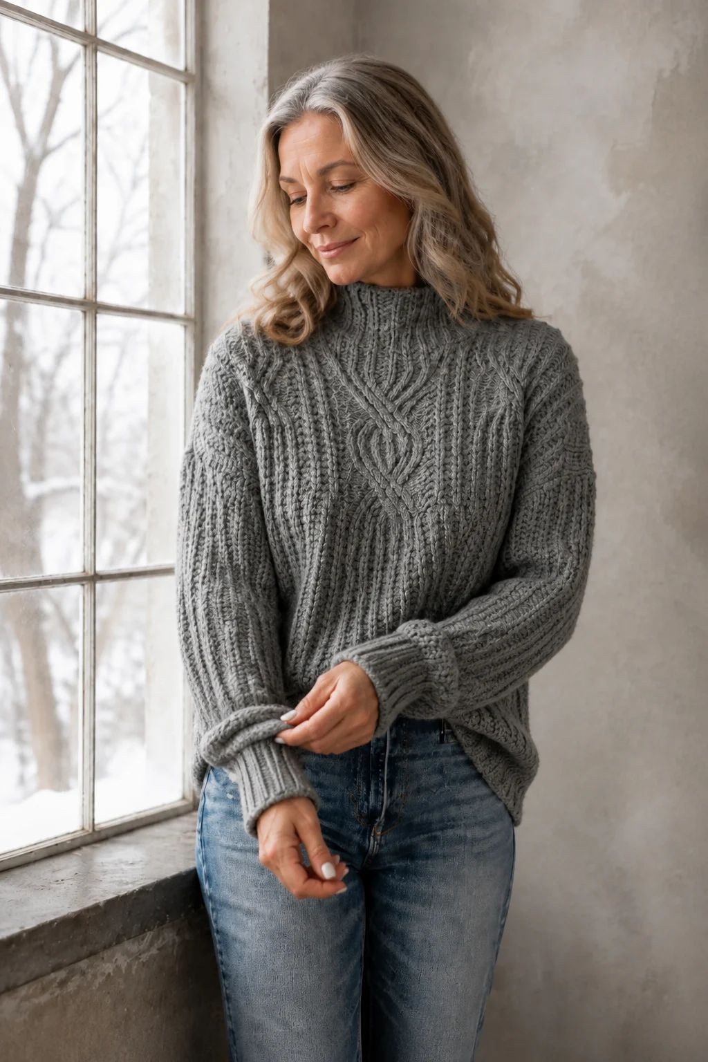 June grey cable-knit sweater on the main product model, adjusting her cuff beside a winter window