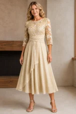 Karla | Champagne Floral 3/4 Sleeve Round Neck Dress