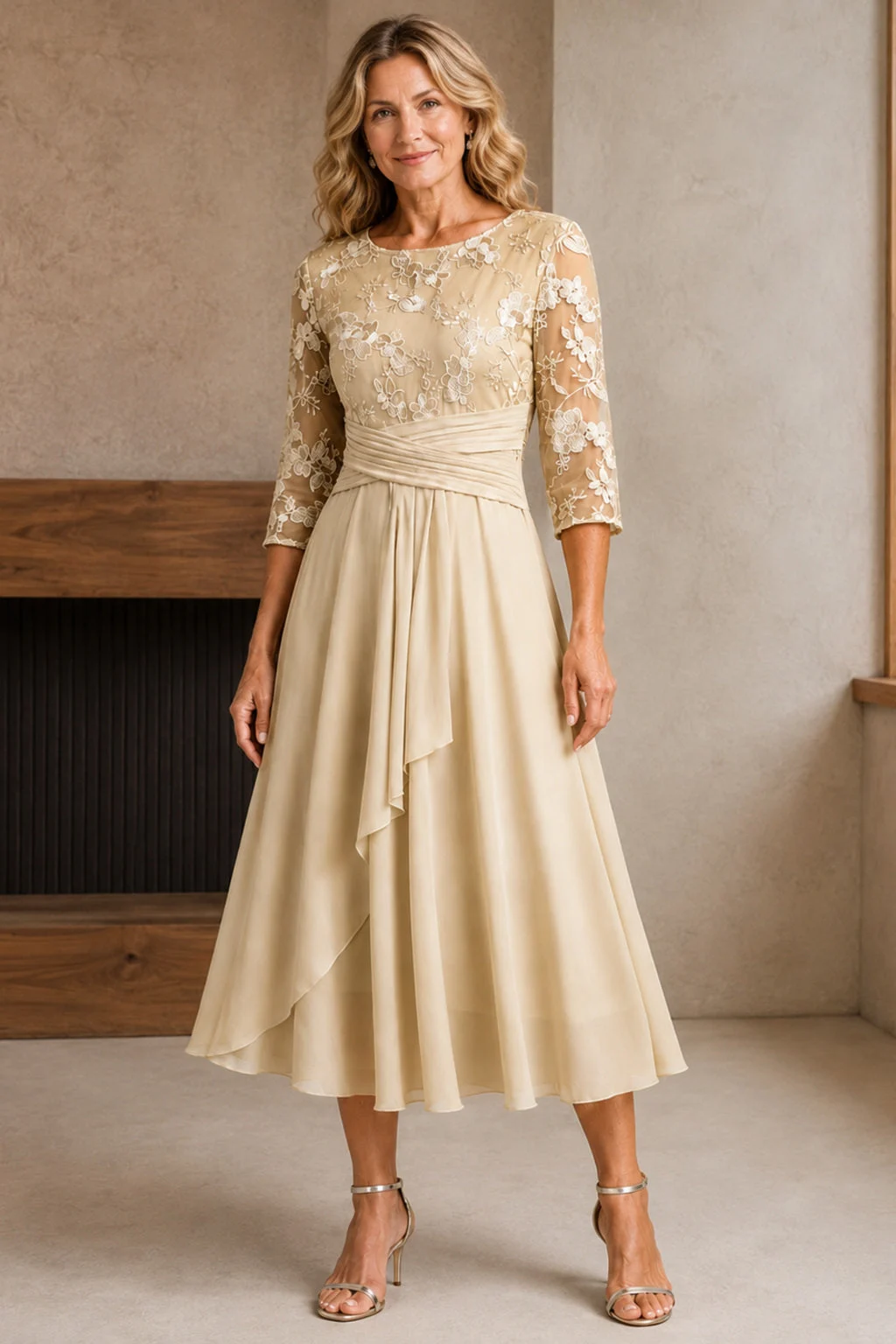Karla | Champagne Floral 3/4 Sleeve Round Neck Dress