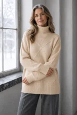 Kathleen beige textured turtleneck sweater, model with long wavy hair and loosely folded arms by a window.