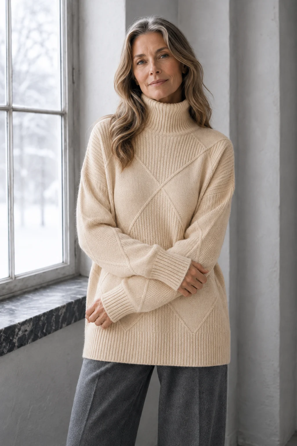 Kathleen beige textured turtleneck sweater, model with long wavy hair and loosely folded arms by a window.