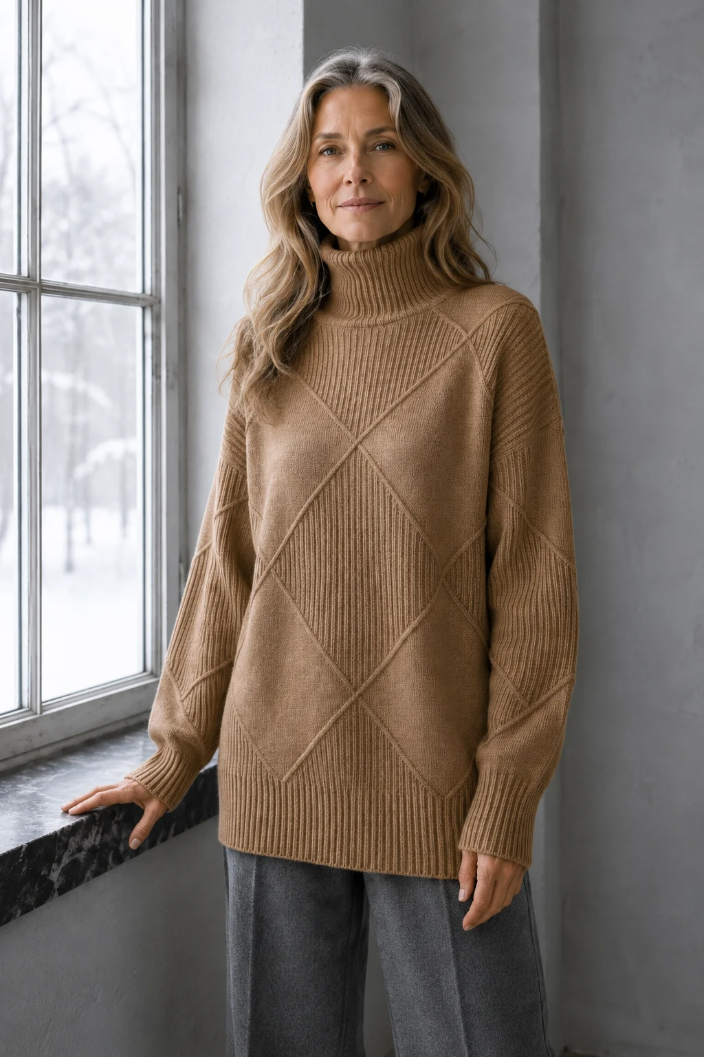 Kathleen brown textured turtleneck sweater, model with long wavy hair resting one hand on a window ledge.