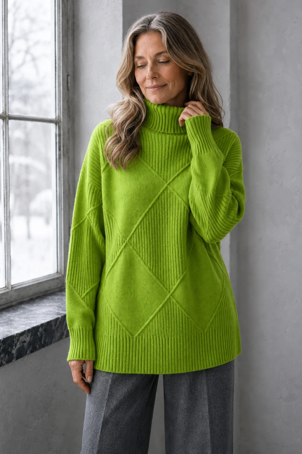 Kathleen green textured turtleneck sweater, model with long wavy hair gently touching the collar and looking down beside a window.