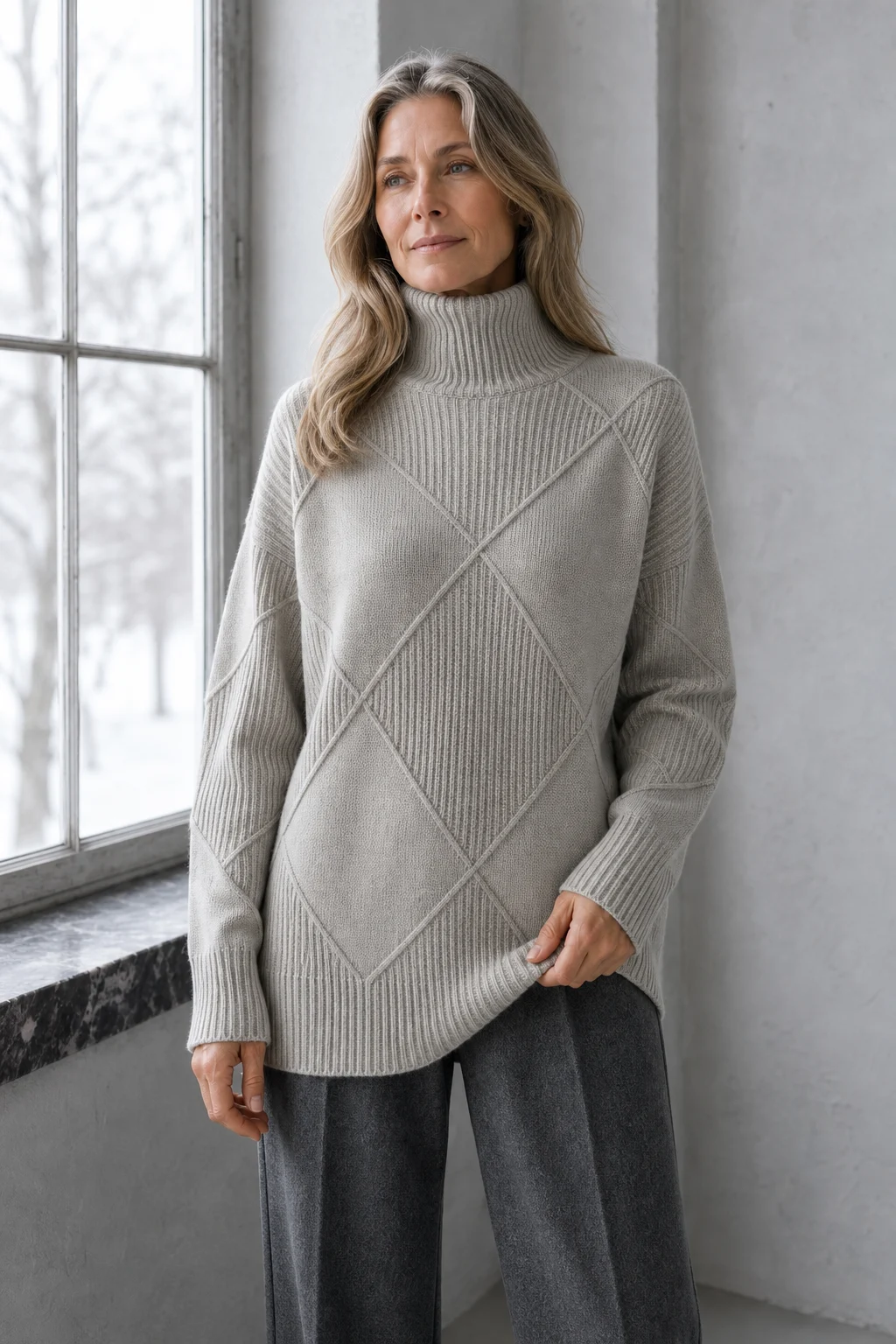 Kathleen grey textured turtleneck sweater, model with long wavy hair looking toward a window and lightly holding the hem.