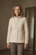 Knit hood quilted down jacket closed