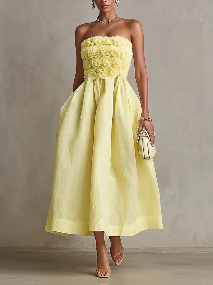 Donalda | Linen Blend Applique Midi Dress