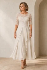 Lace Bodice Tiered Midi Dress - White