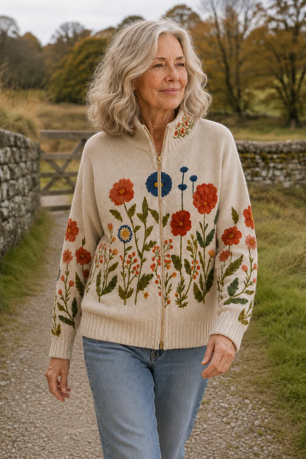 Laure | Floral Zip-Through Cardigan - moving torso lifestyle