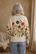 Laure Floral Zip-Through Cardigan on an older woman, back view