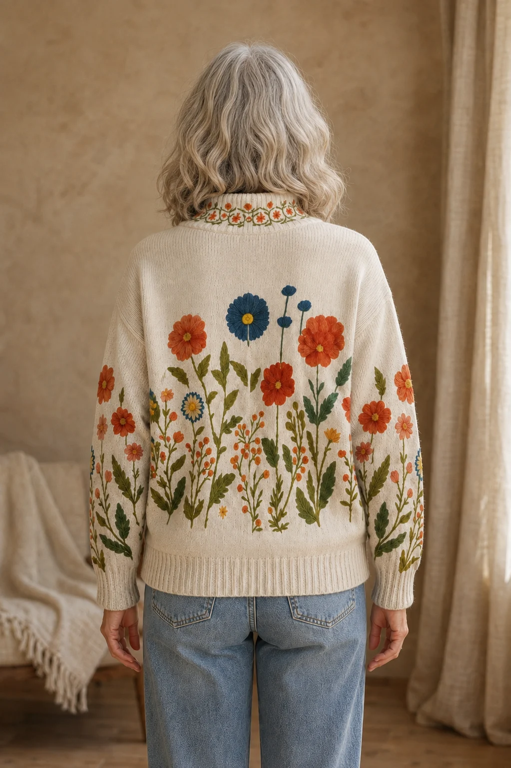 Laure Floral Zip-Through Cardigan on an older woman, back view