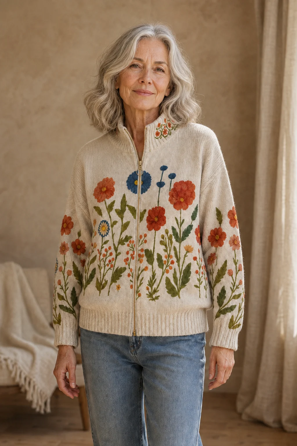 Laure Floral Zip-Through Cardigan on an older woman, front view