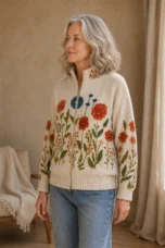 Laure Floral Zip-Through Cardigan on an older woman, side view