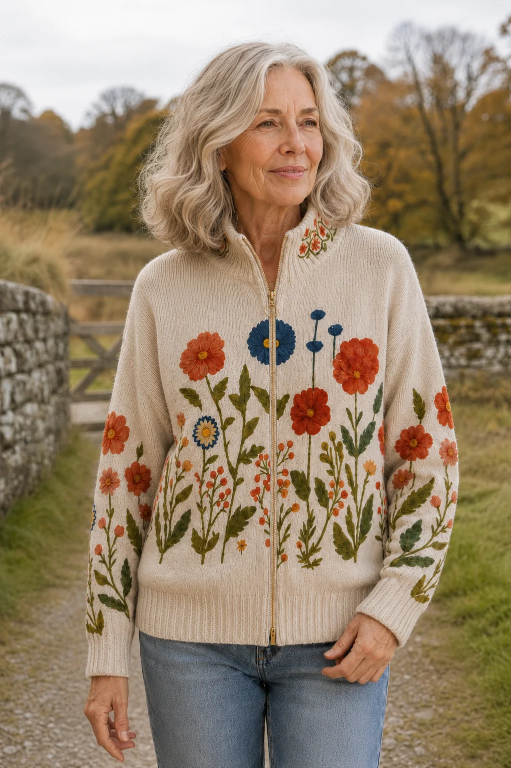Laure | Floral Zip-Through Cardigan - torso detail