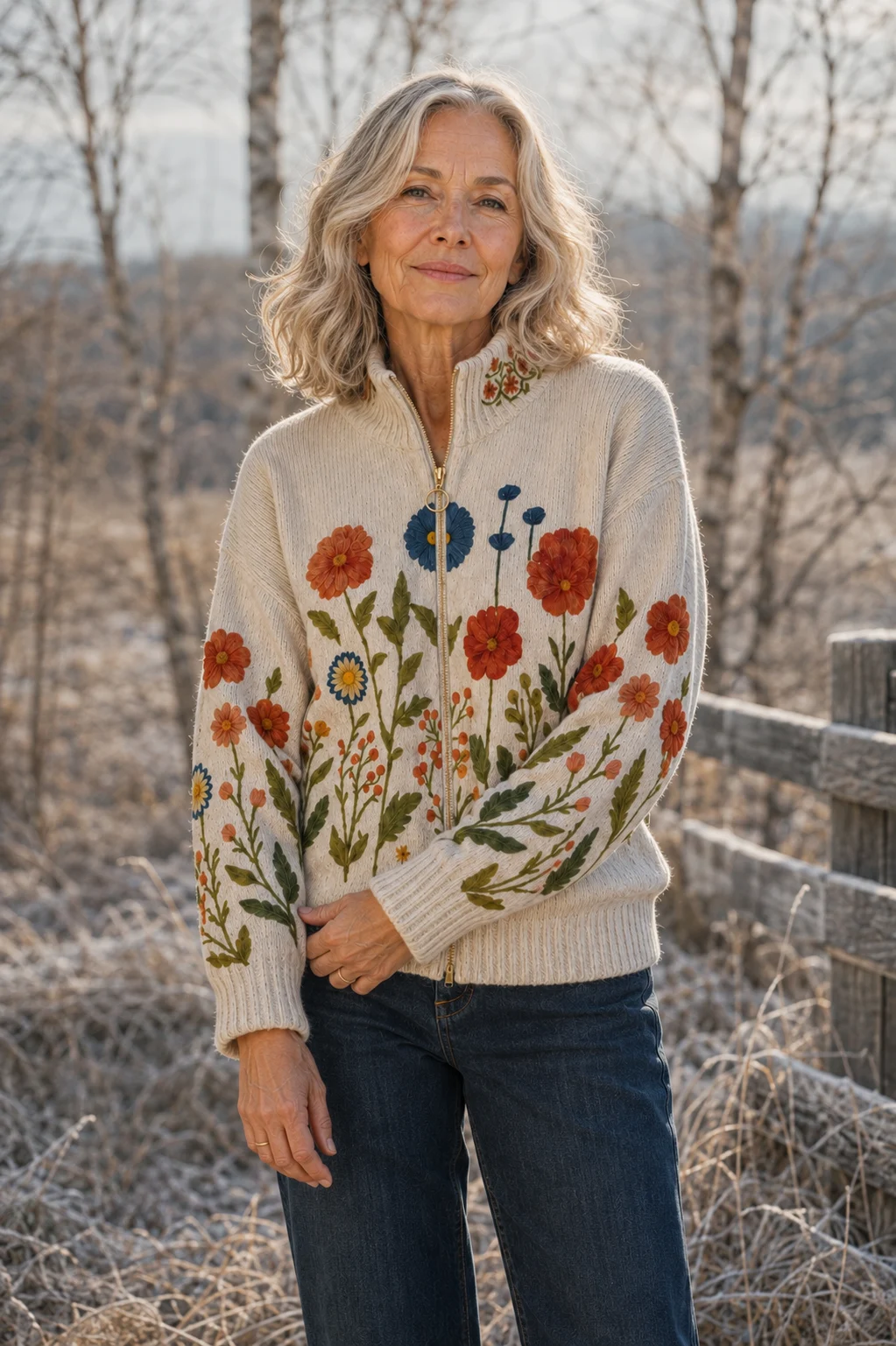 Laure Floral Zip-Through Cardigan, editorial outdoor view