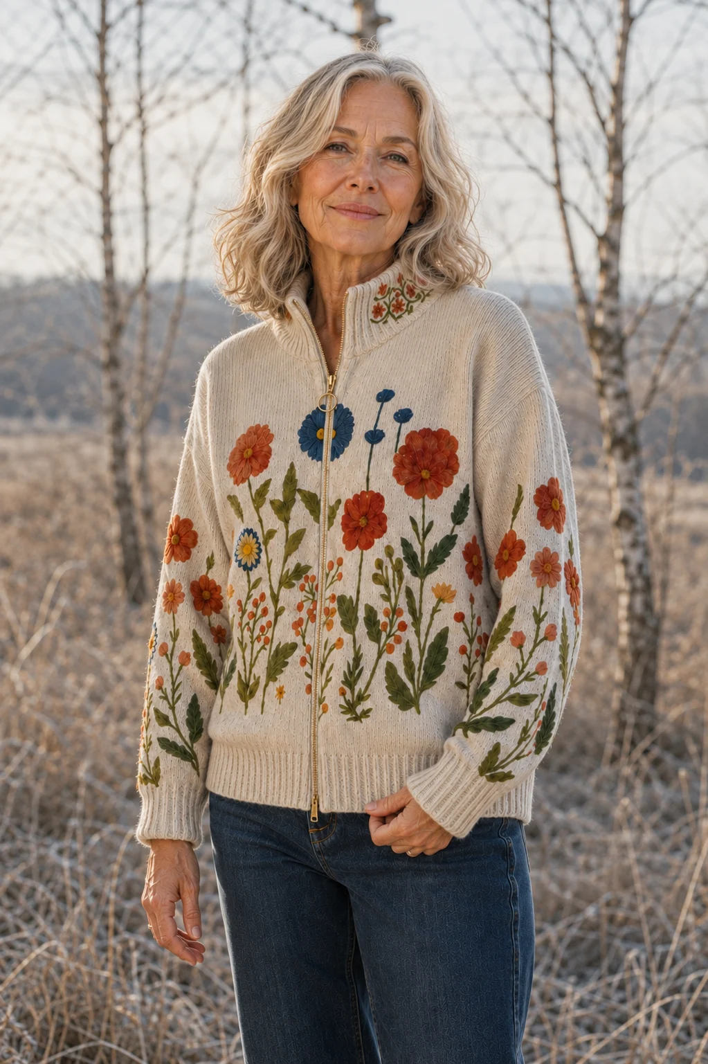 Laure Floral Zip-Through Cardigan, natural outdoor pose